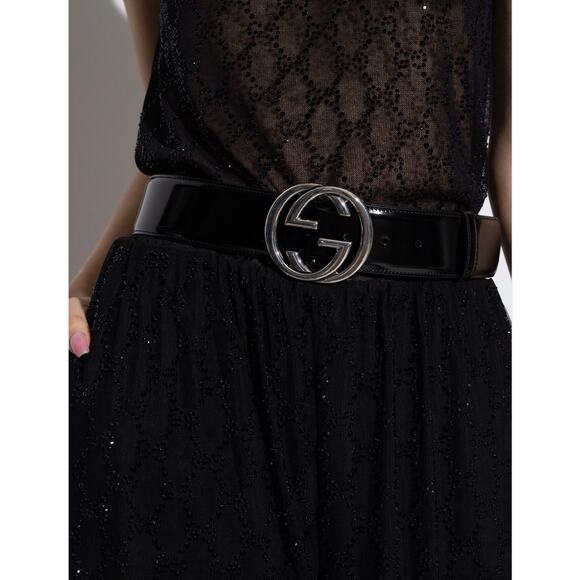 Gucci Interlocking G Brushed Leather Wide Belt Black Silver Buckle Size 80